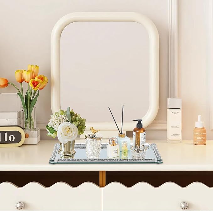Mirror Perfume Tray for Dresser,Crushed Diamond Filled Glass Vanity Tray, Silver Decorative Bathroom Tray,Crystal Tray for Home Decorative,Party,Hotel Banquet,15.4x7.5x1inch