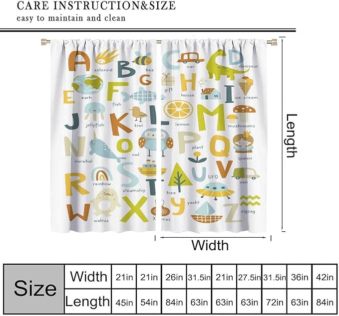 BAEKJIN Kids Alphabet Curtains，Catoon Animals Pattern Print Decor Window Drapes for Bedroom Living Room 42x45 Inch