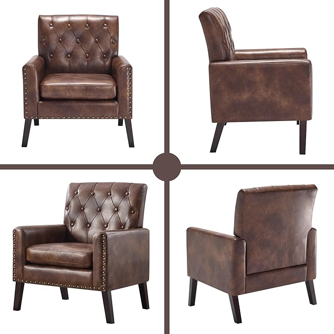 Mid Century Modern Accent Chair, Dark Brown Faux Leather Office Chair for Reception - Brown Leather Club Chair for Living Room, Bedroom, or Waiting Room
