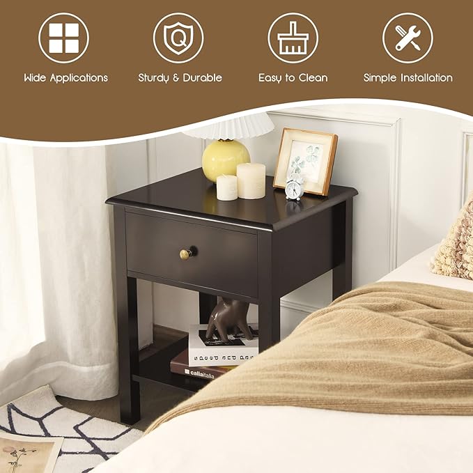 Giantex Nightstand, 2-Tier End Table with Drawer and Open Storage Shelf, Modern Bedside Tables, Wooden Side Table Night Stand for Bedroom, Dorm, Small Spaces, Easy Assembly, Espresso