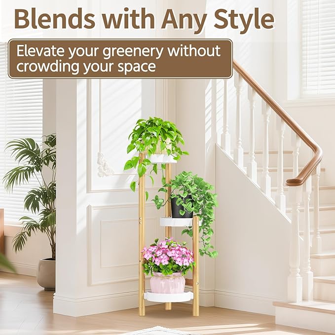 LASZOLA Bamboo White 3 Tier Heavy Duty Plant Stand Indoor, Tall Multiple Level Vertical Planter Rack for Modern Narrow Corner, Slim Spiral Flower Holder Organizer Display for House Decor, Plastic Tray