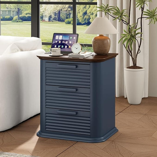 22'' Fluted Nightstand with Charging Station, Modern End Table with 3 Drawers and Storage, Wood Night Stand with Round Corner, Side Table Dresser for Bedroom, Living Room, Curved Profile,Navy Blue