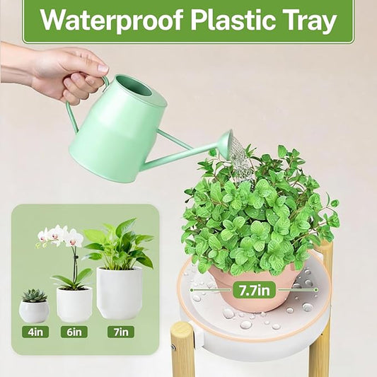 iDavosic.ly 4 Tier Bamboo Plant Stand Indoor Outdoor with Plastic Tray, Tiered Corner Flower Holder Shelf, Space Saving Orchid Display Rack for Patio Porch Living Room Garden Balcony, Natural White