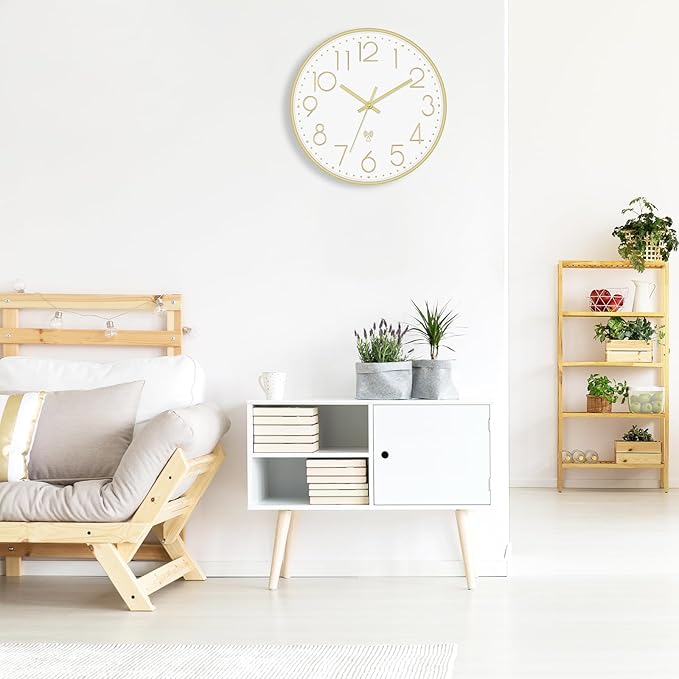 Foxtop Atomic Wall Clock Battery Operated Round Analog Modern Wall Clock Sets Automatically for Office Classroom Bedroom Kitchen Living Room (Gold)