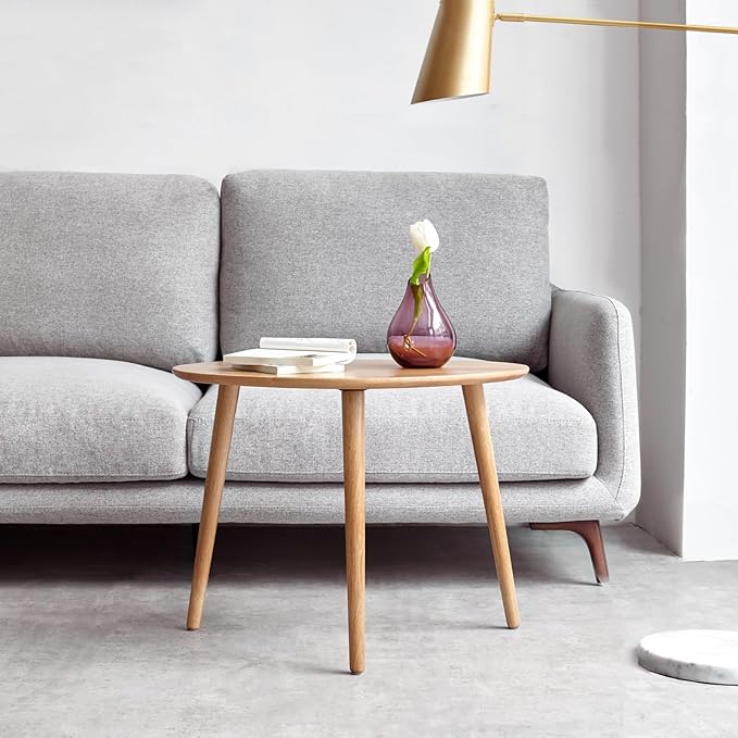 Small Oval Coffee Table, 25.6" Mid Century Modern End Table for Living Room, 100% Solid Oak Wood Center Table, Side Table (Original Wood Color, 25.59''Wx17.51''Dx19.68''H)