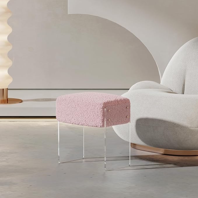 Vanity Stool Chair and Foot Rest -Modern Vanity Stool and Pouf Ottoman with Wool and Acrylic Leg for Makeup Room, Living Room, Bedroom Pink