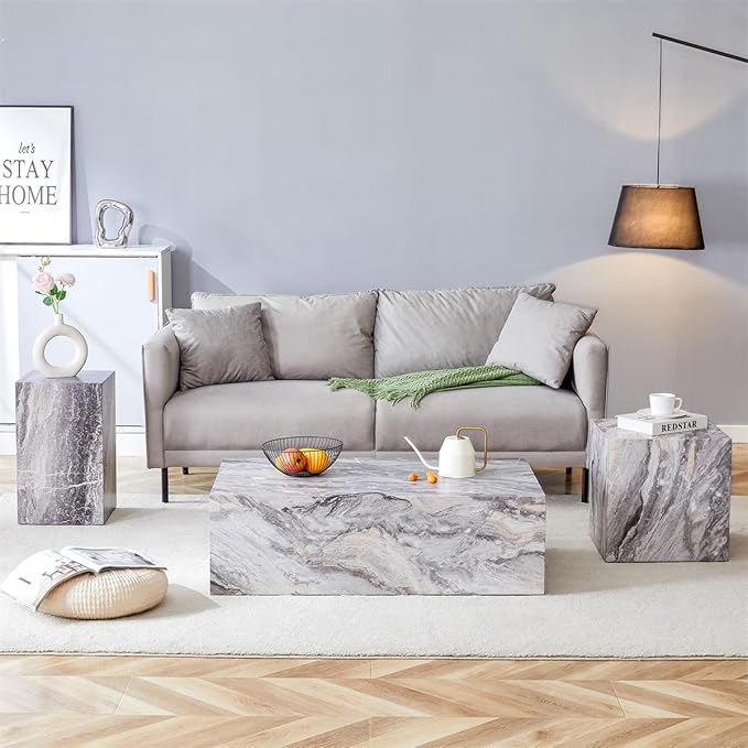 Coffee Table Set for 3, Living Room Table Set, Faux Marble Coffee Table and Side Tables for Home, Modern Wood Coffee Tables, Center Table and End Sides
