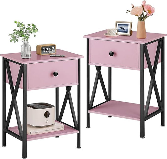 VECELO Nightstands Set of 2, Modern Bedside End Tables, Night Stands with Drawer and Storage Shelf for Living Room Bedroom, Industrial Metal Frame