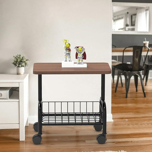 16.92"* 11.81" Small Side Table with Storage, Modern Mid-Century 2 Tier End Table, Sturdy Metal Frame and Storage Shelf, Movable Accent Table for Any Room Style, Modern Country Style, Brown and Black