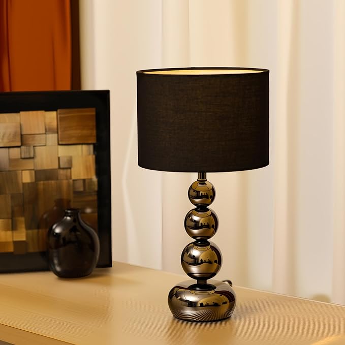 Small Modern Bedside Table Lamp, 7 x 7 x 13 Inch Farmhouse Table Lamps, Black Metal Ball Table Lamp for Living Room Bedrooms and Office (Black Fabric Lampshade)