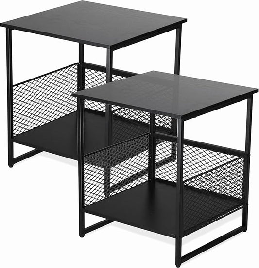 End Table, Square Side Table, Couch Side Table with 2 Tier Storage, Great for Printer Stand, Mini Fridge Stand, Nightstand, Ideal for Living Room, Bedroom, Office（2 Pack）