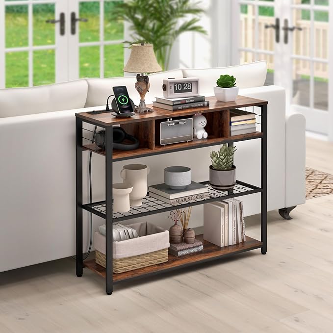 Livofloral Console Tables with Charging Station, 4 Tier Narrow Sofa Tables with Storage Shelves, Entryway Tables with Outlet and USB Ports, Behind Couch Table for Living Room Hallway, Rustic Brown