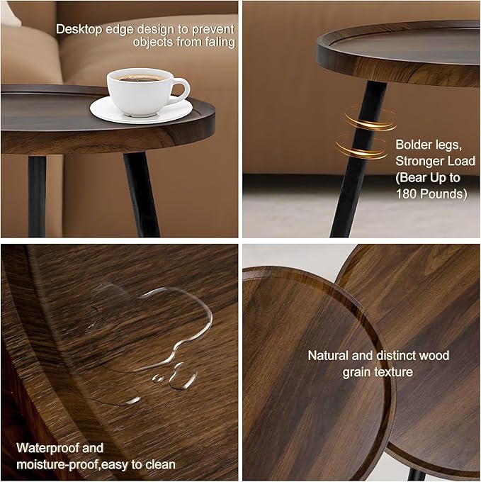 Jessie Small Round Coffee Tables,50x50x48cm Mid Century Modern Nesting Tables,Easy Assembly Circle Walnut Coffee Tables with Non-Slip Feet,Nesting Coffee Table for Living Room Balcony Yard