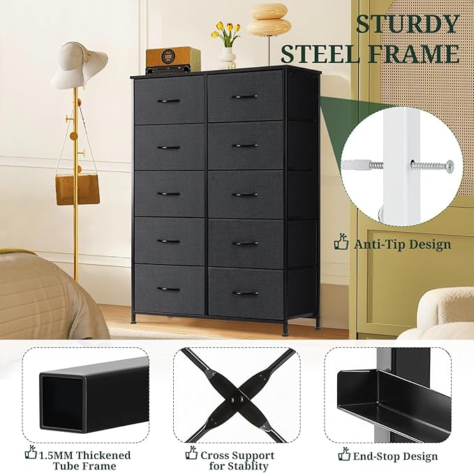 10-Drawer Dresser for Bedroom, Anti-Tip Tall Storage Organizer Chest of Drawers with Wooden Top and Metal Frame Fabric Bins for Closet, Living Room, Hallway, Entryway, Black