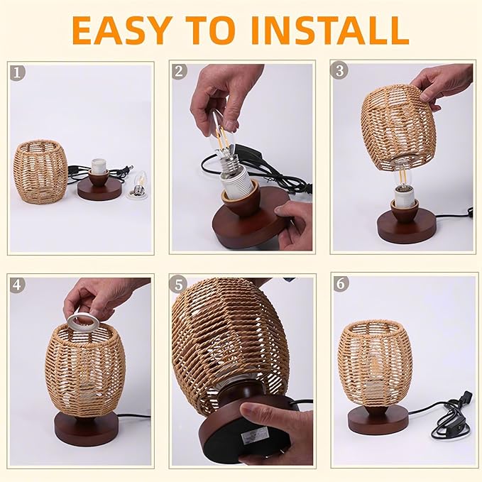 Rattan Table Lamp,Boho Small Beside Lamp,Farmhouse Table Lamp for Room Decor,Vintage Wicker Wooden Nightstand Bamboo Woven End Table Lamps for Bedroom Living Room Desk Kids Room,LED Bulb Included