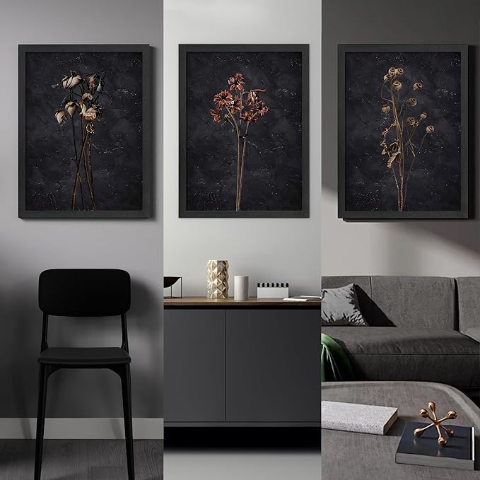 arfitest Vintage Flower Wall Art Dark Moody Wildflower Wall Decoration Minimalist Wildflower Frame Wall Decoration 12''x16'' Inch Set of 3 Black Photo Frames