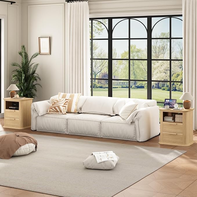 23'' Fluted Nightstand with Charging Station Set of 2, Modern End Table with 2 Drawers and Storage, Wood Night Stand with Round Corner, Side Table for Bedroom, Living Room, Curved Profile, Natural