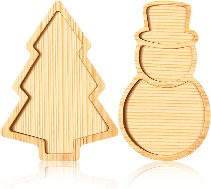 AWIZOM 2 Pcs Christmas Wooden Serving Platters Christmas Tree and Snowman Charcuterie Boards Xmas Wood Trays Decorative Wooden Snack Cheese Dish Plate for Winter Holiday Housewarming Present