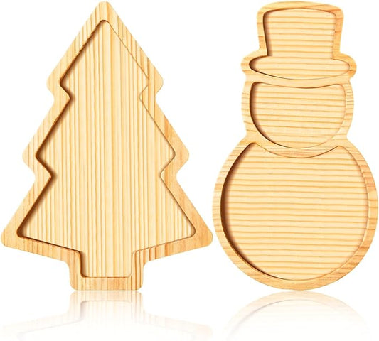 AWIZOM 2 Pcs Christmas Wooden Serving Platters Christmas Tree and Snowman Charcuterie Boards Xmas Wood Trays Decorative Wooden Snack Cheese Dish Plate for Winter Holiday Housewarming Present