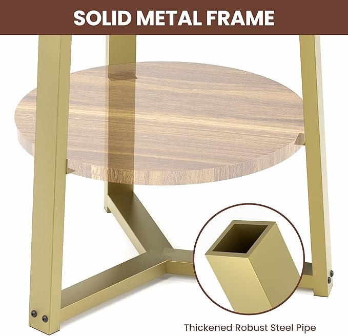 PPAMAPIC Round End Table, 2 Tier Side Table with Storage Shelf, Nightstand Accent Table for Living Room Bedroom Small Space, Golden Metal Frame, 15.7" D x 19.7" H, Rustic Brown