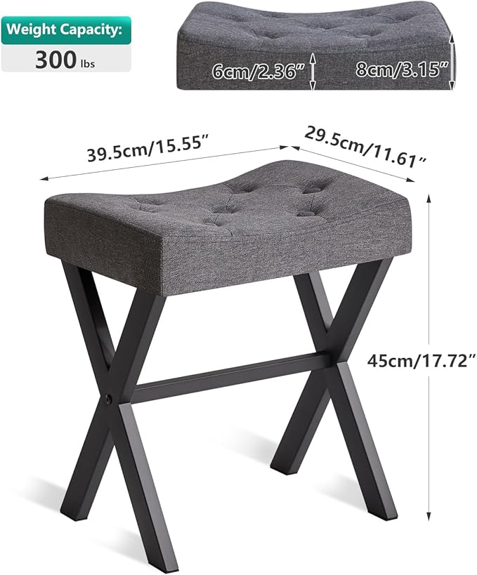 IBUYKE U-Shaped Linen Vanity Stool, Square Makeup Chair with X-Leg, Ottoman Seat Footrest Stool, Multi-Use as Small Side Table, for Bedroom, Living Room, Dark Gray WBD018G