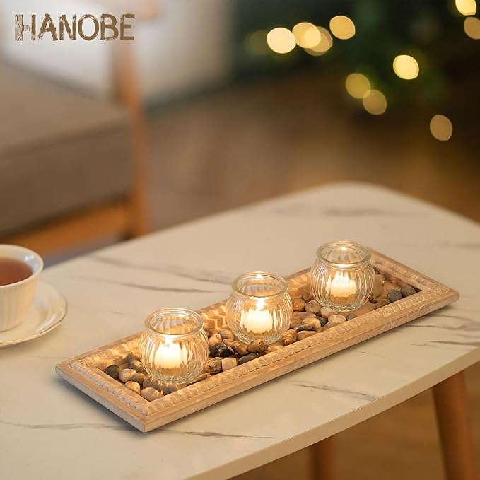 Hanobe Decorative Wood Candle Tray: Rustic Rectangle Beaded Centerpiece Table Decorations Farmhouse Long Narrow Tealight Candle Holders Plate for Dining Room Coffee Table Decor