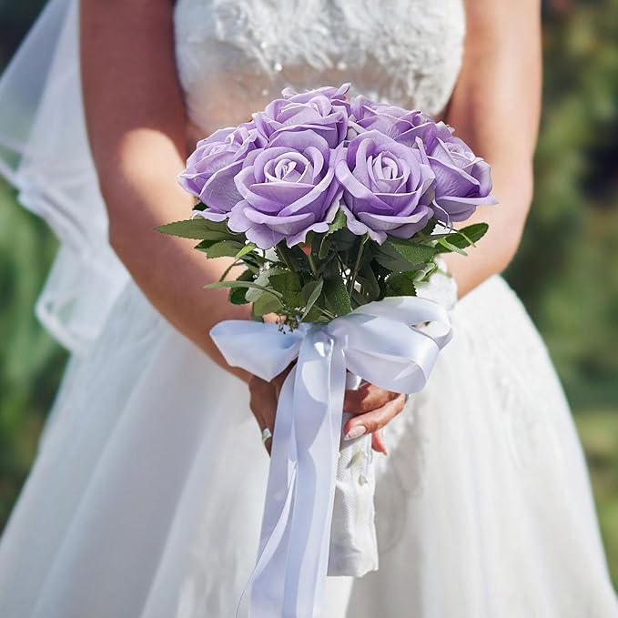 10 PCS Artificial Roses with Long Stems Silk Flowers Realistic Foam Flowers Fake Roses for Valentine's Day Home Wedding Halloween Decor(Light Purple)