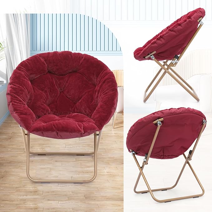 Athena Collection Comfy Saucer Chair Folding Cozy Chair for Bed Room Living Room Accent Chair Faux Fur Reading Chair Foldable Metal Frame Lazy Chair Moon Chair for Adult, Red