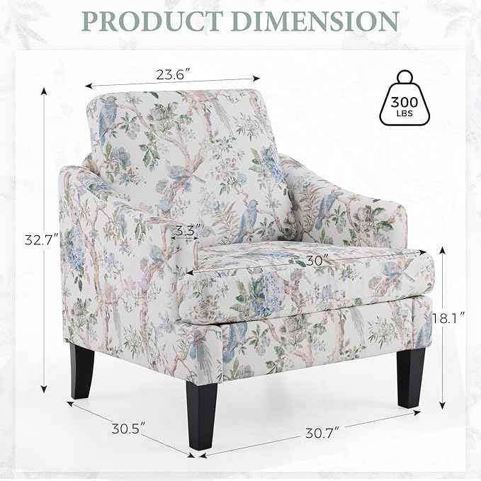 Bezseller Floral Accent Chair, Upholstered Reading Armchair with Wood Legs, Mid-Century Leisure Comfy Single Sofa Chair for Living Room, Bedroom, Home, Office, White Floral