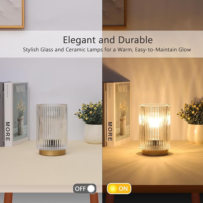 Battery Operated Lamp, Cordless Table Lamp with Timer, Desk Bedside Lamps with LED Warm Light, Glass Small Table Lamp for Bedroom, Bathroom, Living Room, Home Decor - Transparent