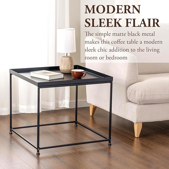 MyGift 24-inch Modern Tray Top End Table - Matte Black Metal Square Side Table or Nightstand