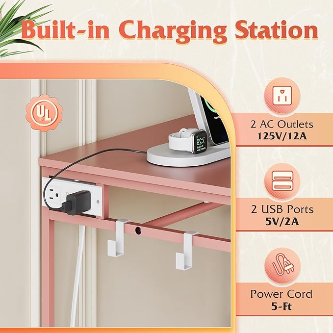 WLIVE Pink Dresser with Hanging Rack for Bedroom, 3 Drawer Dresser with LED Lights & Charging Station, Fabric Dressers & Chest of Drawers, Storage Organizer with Open Shelves for Living Room