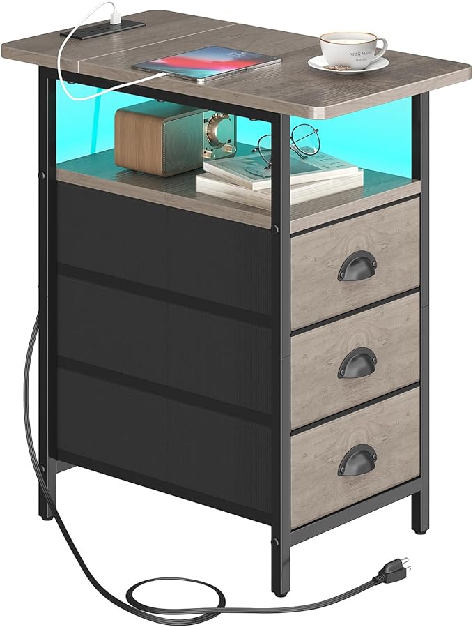 End Table with Charging Station,LED Side Tables with USB Ports and Outlets,Narrow Nightstands Bedside Tables with 3 Drawers for Small Space,Slim Sofa Table for Livingroom,Grey