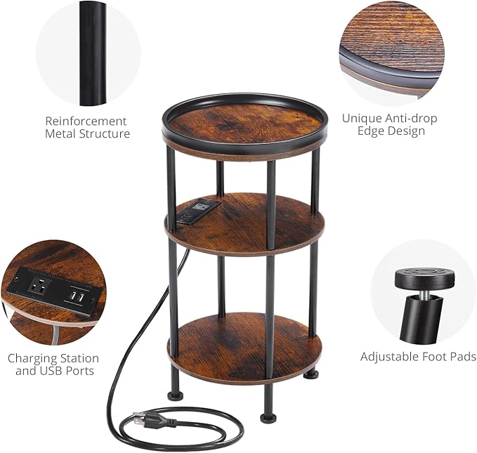 Small Round Side Table with Charging Station for Small Spaces, 3-Tier Round Accent Table with USB Ports & Power Outlets, Corner Table Sofa End Table for Living Room Bedroom (USB Charger, Rustic Brown)