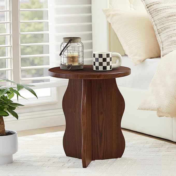 15.7" Dx17.9 H Small Round Side Table, Wooden End Table for Small Narrow Space, Mid-Century Farmhouse Drink Pedestal Table Accent Nightstand for Living Room, Bedroom, Balcony (Walnut)