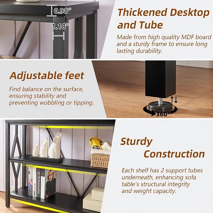 HOMISSUE Sofa Console Table, Rustic Console Table with 3-Tier Storage, Engineered Wood Sofa Tables with Open Shelves, Heavy Duty Entryway Tables for Living Room, Hallway (47 Inch, Black)