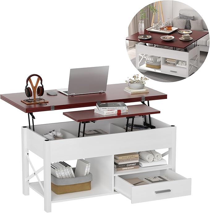 Lift Top Coffee Table with Storage, Convertible Coffee Table Converts to Dining Table, Center Table with Drawer and Hidden Compartment, Farmhouse Coffee Tables with Lifting Top for Living Room, White