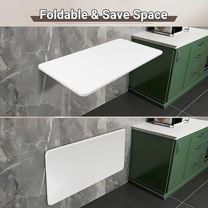 Upgrade Wall Mounted Folding Table 31.5”L x 15.7”W, Laundry Folding Table with Heavy Duty Metal Collapsible Shelf Brackets, Wall Mounted Desk Fold Down for Small Spaces, White