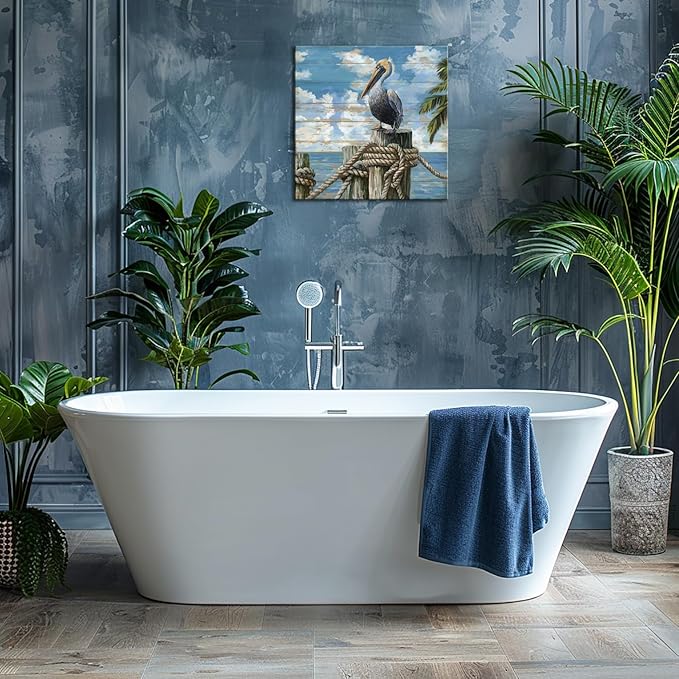 YUEYARIT Bathroom Decor pelican Wall Art Ocean Theme Blue sea Picture Canvas Print Modern Coastal Artwork Framed Hanging Dining Office Living Room