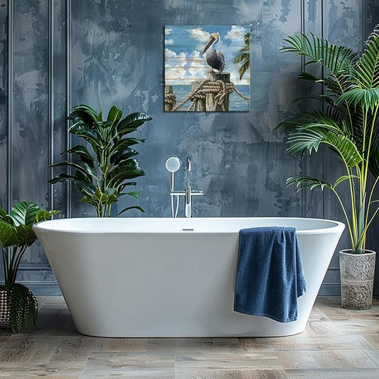 YUEYARIT Bathroom Decor pelican Wall Art Ocean Theme Blue sea Picture Canvas Print Modern Coastal Artwork Framed Hanging Dining Office Living Room