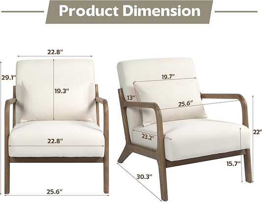 Modern Accent Chair, Cotton Linen Fabric Upholstered Lounge Armchair with Solid Wood Frame for Living Room, Bedroom, Reading Nook (White1)