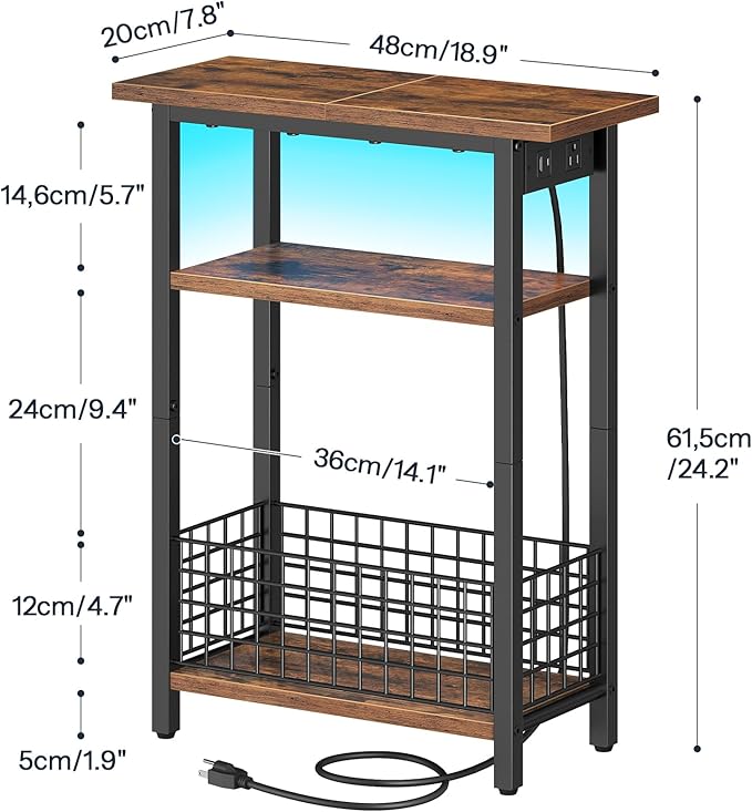 HOOBRO Narrow Side Table with Charging Station and LED Light, Small End Table with Storage, Skinny Nightstand with USB Port, Slim Bedside Table for Small Spaces, Living Room, Rustic Brown BF242UDBZ01