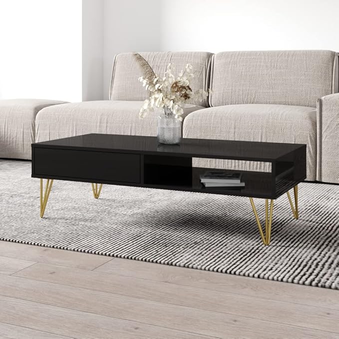 Meble Furniture Repo 51" Coffee Table with Lower Shelf & Drawer - Modern Rectangular Dining Table for Living Room - Durable & Lightweight Wooden Coffee Table with High Gloss Front Finish - Black