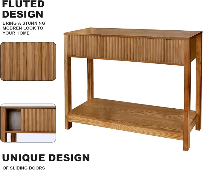 Long Console Table with Storage, Fluted Entryway Slim Sofa Table Behind Couch Entry Tables, Narrow Wood Hallway Modern Living Room Couch Foyer Entrance Tables Brown