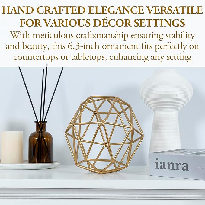 MyGift 3D Art Geometric Abstract Sculpture, Gold Tone Metal Wire Orb Decorative Ball, 6.4 Inch Home Decor Accents