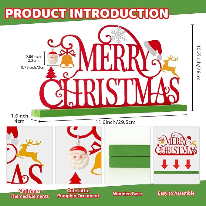 Metal Holiday Table Sign Decor, Decorations Tabletop Centerpiece for Home, Office, Shelf, Tiered Tray, Mantel, Indoor, Merry Christmas