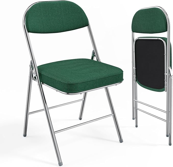 VINGLI 2 Pack Folding Chairs with Padded Seat & Backrest, Metal Frame, Durable Corduroy Fabric, 350 lbs Capacity, Set of 2, Olive Green – Ideal for Weddings, Parties, Office Events