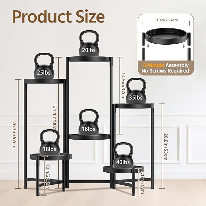 LASZOLA 6 Tiered Folding Plant Stand Indoor for Multiple Large Planter, Tall Heavy Duty Adjustable Rack with Rust Proof 10 Inch Wide Tray, Sturdy Vertical Tree Organizer for Narrow Inside Floor, Black