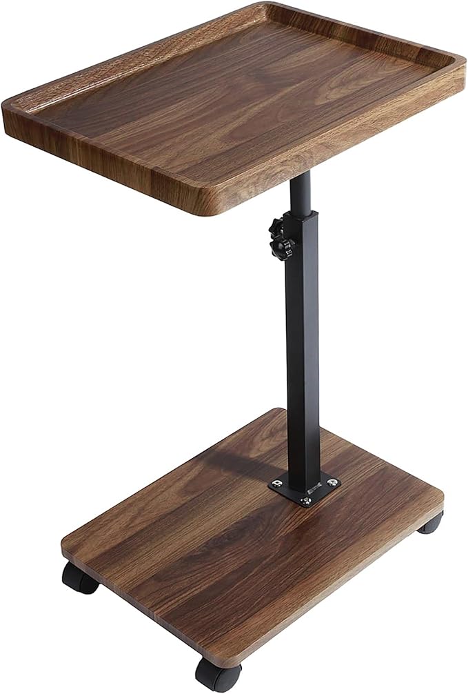 YYW Adjustable C Shaped End Table with Wheels - 360° Swivel TV Tray Table for Sofa/Bed/Bathtub, Slide Under Couch, Height Adjustable (17.7-31.5 Inches),Living Room, Bedroom, Study (Walnut Color)
