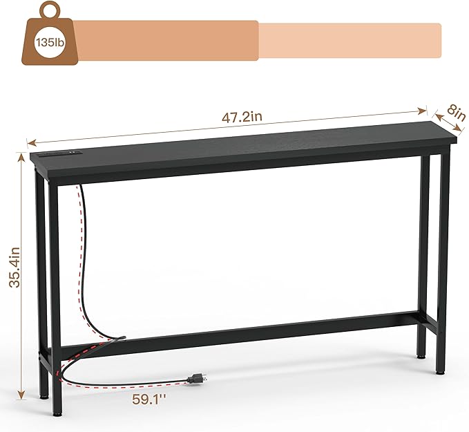 35'' High Behind Couch Table, Narrow Console Table with Outlet, Sofa Table for Entryway Hallway, Living Room, Black